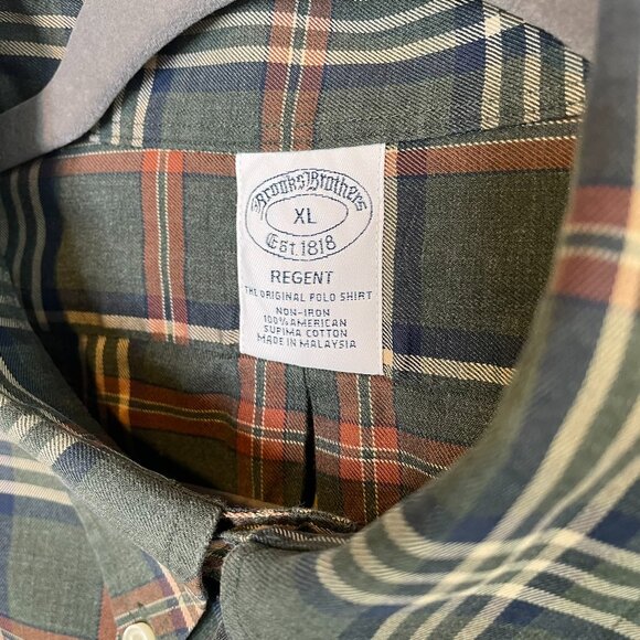 Classic | Pair of 100% Cotton Brooks Bros Button Downs | Green Plaid Blue Check - Picture 13 of 16